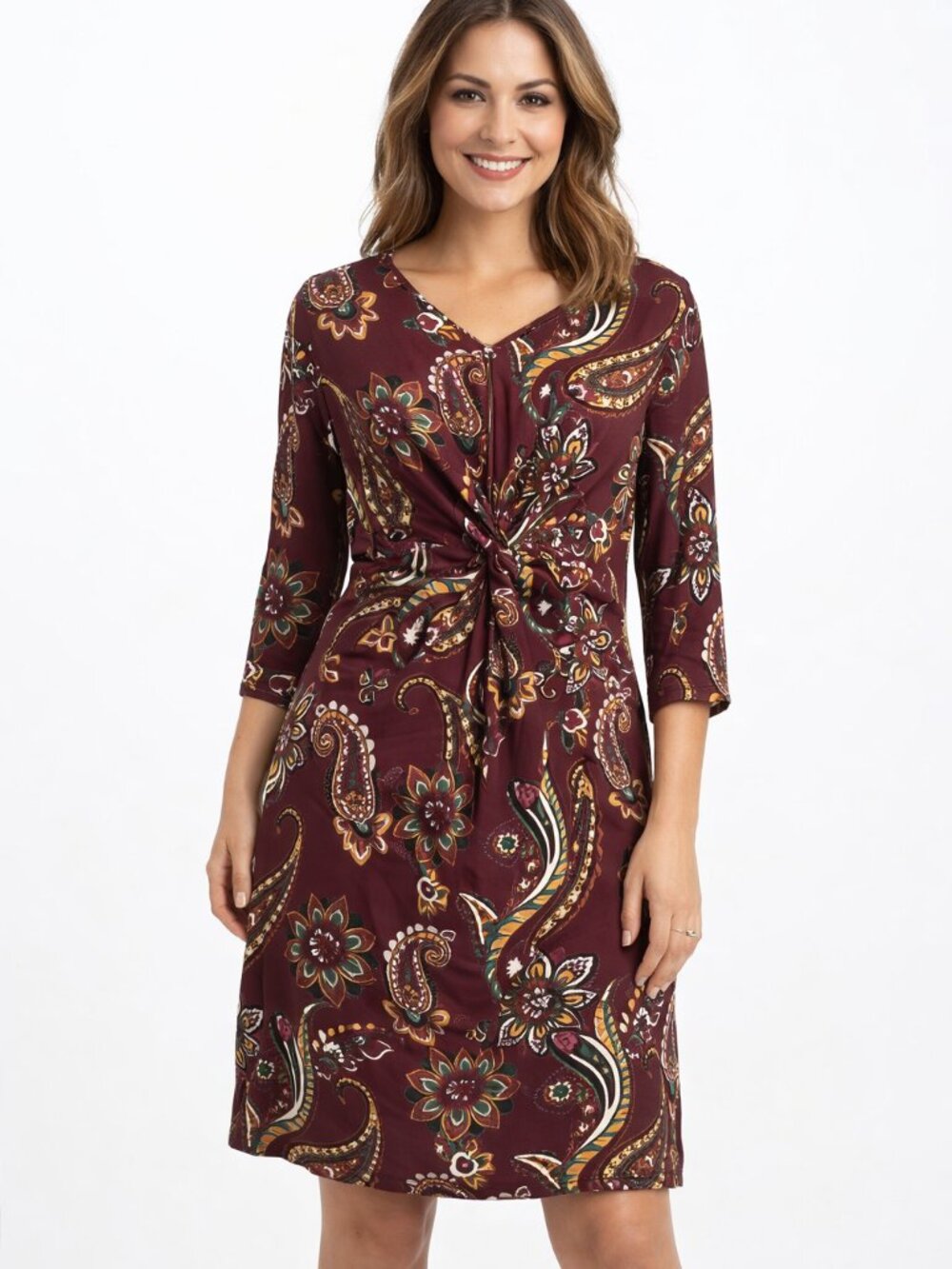 NYCollection Petite Burgundy Paisley Twist Front Dress V-Neck 3/4 Sleeve Boho